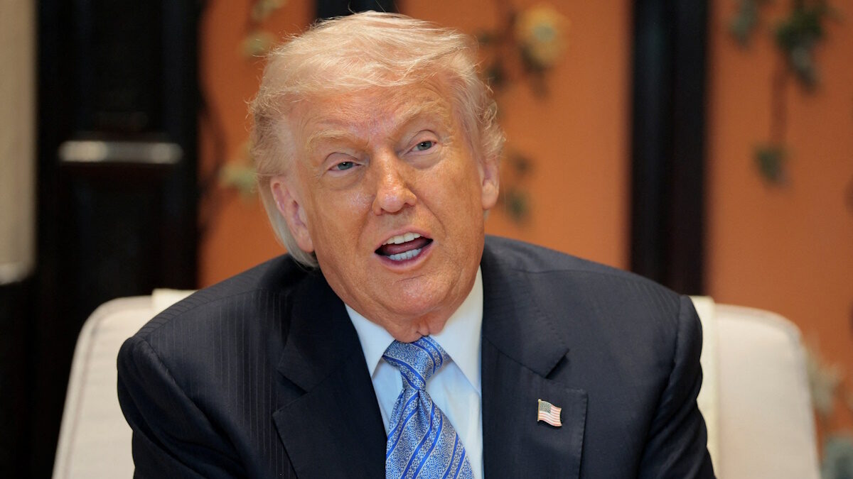 U.S. President Donald Trump speaks during a meeting with Chinese President Xi Jinping (not pictured) on the sidelines of a visit to the  Zhongnanhai Garden in Beijing, China, May 15, 2026. REUTERS