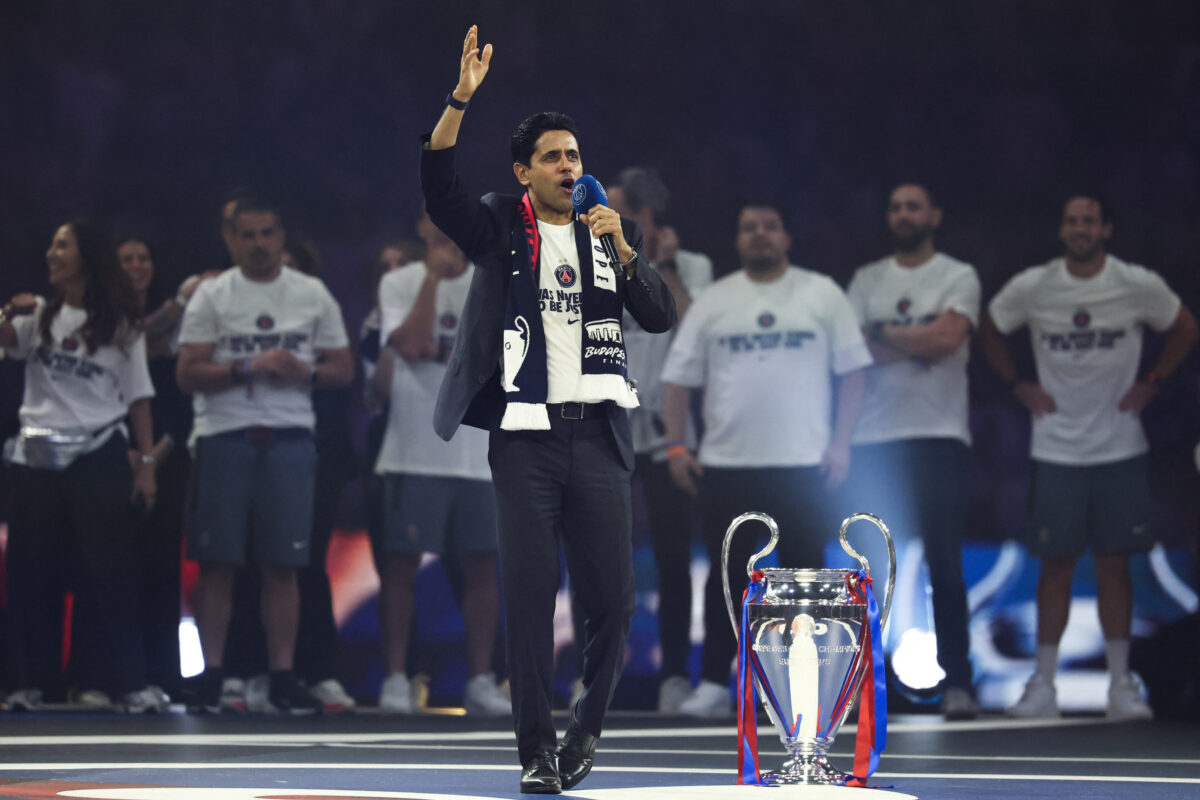 Soccer Football - UEFA Champions League - Paris St Germain celebrate winning the UEFA Champions League Final - Parc des Princes, Paris, France - May 31, 2026 Paris St Germain president Nasser al-Khelaifi talks to the fans as they celebrate after winning the UEFA Champions League Final Pool via REUTERS