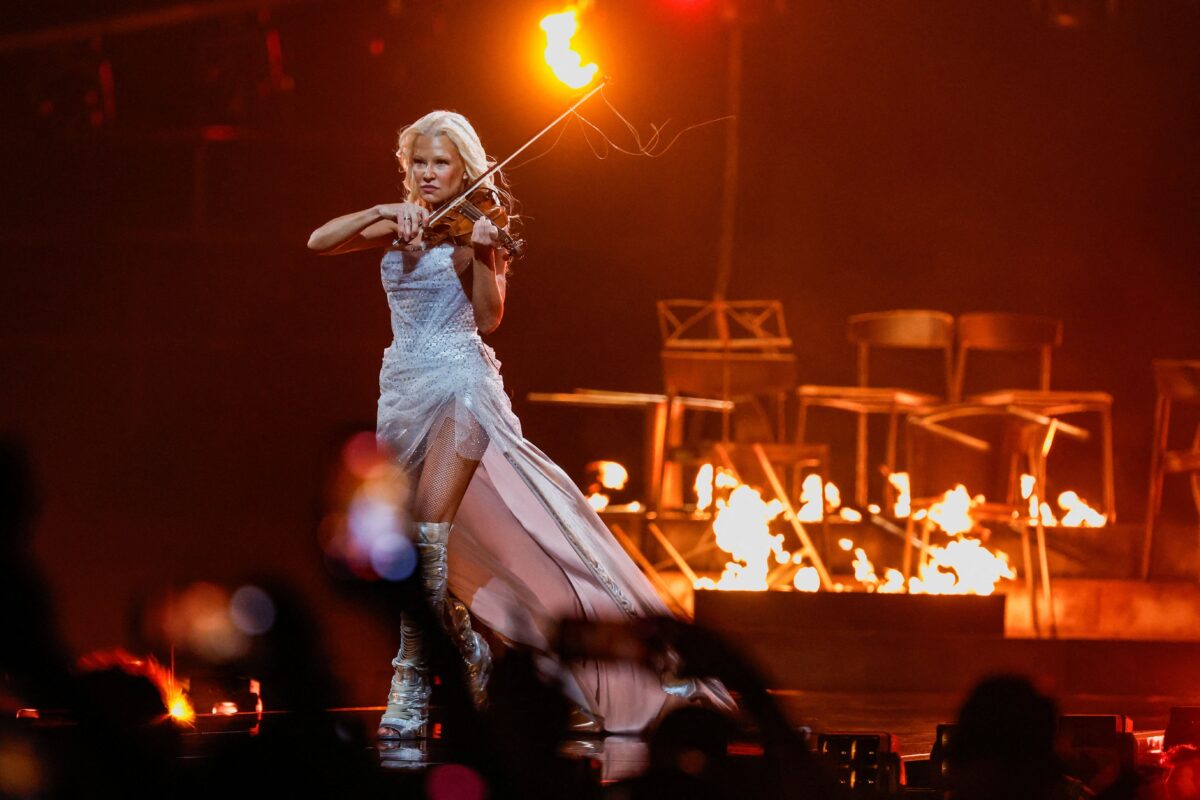 Linda Lampenius x Pete Parkkonen, representing Finland, perform "Liekinheitin" during dress rehearsal 2 of the first semi-final of the 2026 Eurovision Song Contest in Vienna, Austria, May 11, 2026. REUTERS