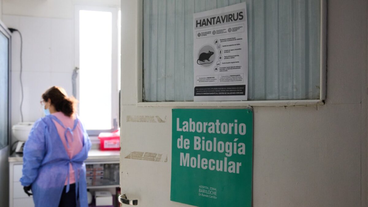 A sign with a drawing of the rodent that transmits Hantavirus and information on preventive measures is posted at the Ramon Carrillo Zonal Hospital in Bariloche, Argentina, Tuesday, May 12, 2026. (AP Photo/Euge Neme)