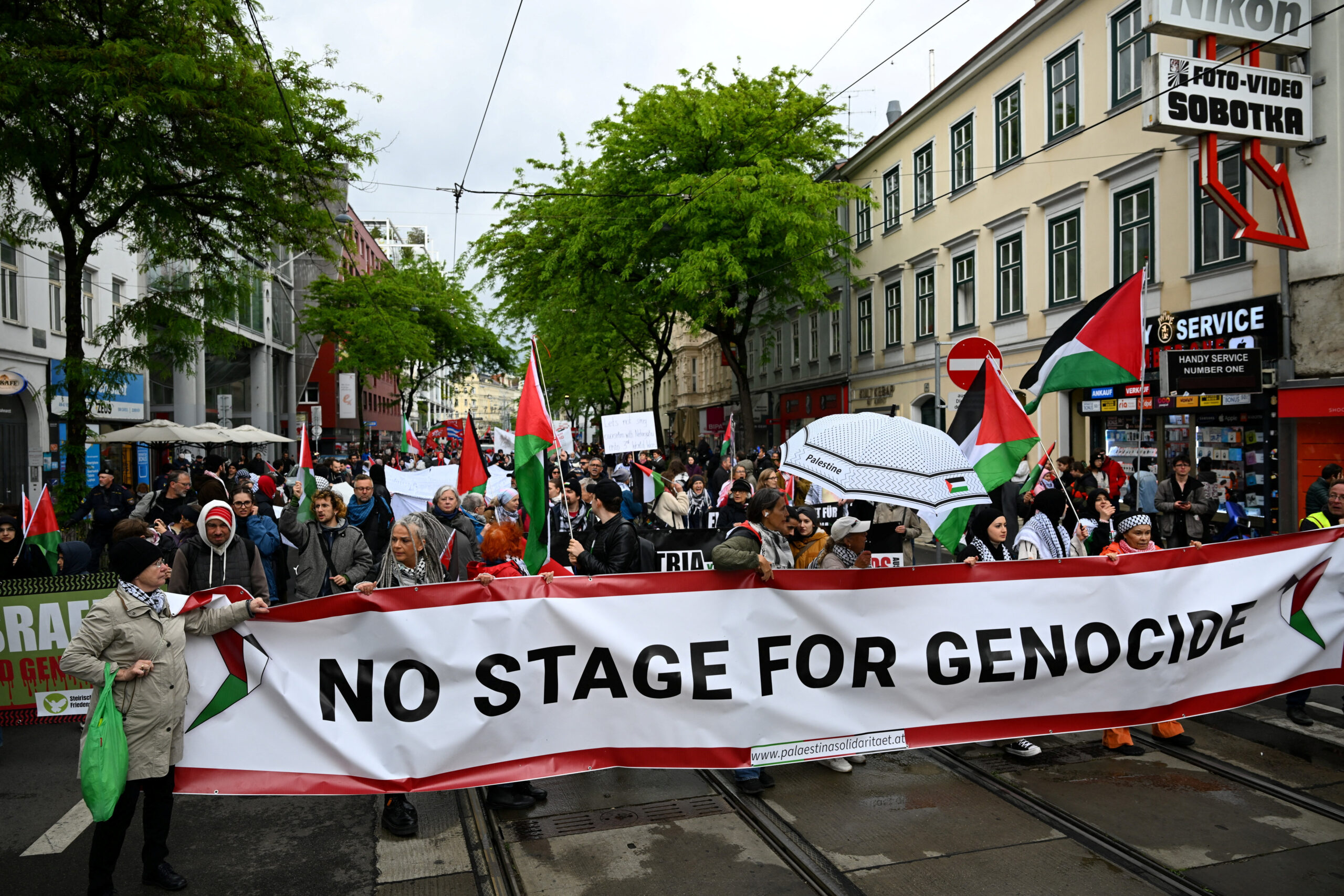 People attend a protest against Israel's participation in the Eurovision Song Contest, in Vienna, Austria, May 16, 2026. REUTERS/Elisabeth Mandl