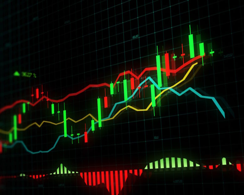 3D rendering of stock indexes in virtual space. Economic growth, recession. Electronic virtual platform showing trends and stock market fluctuations