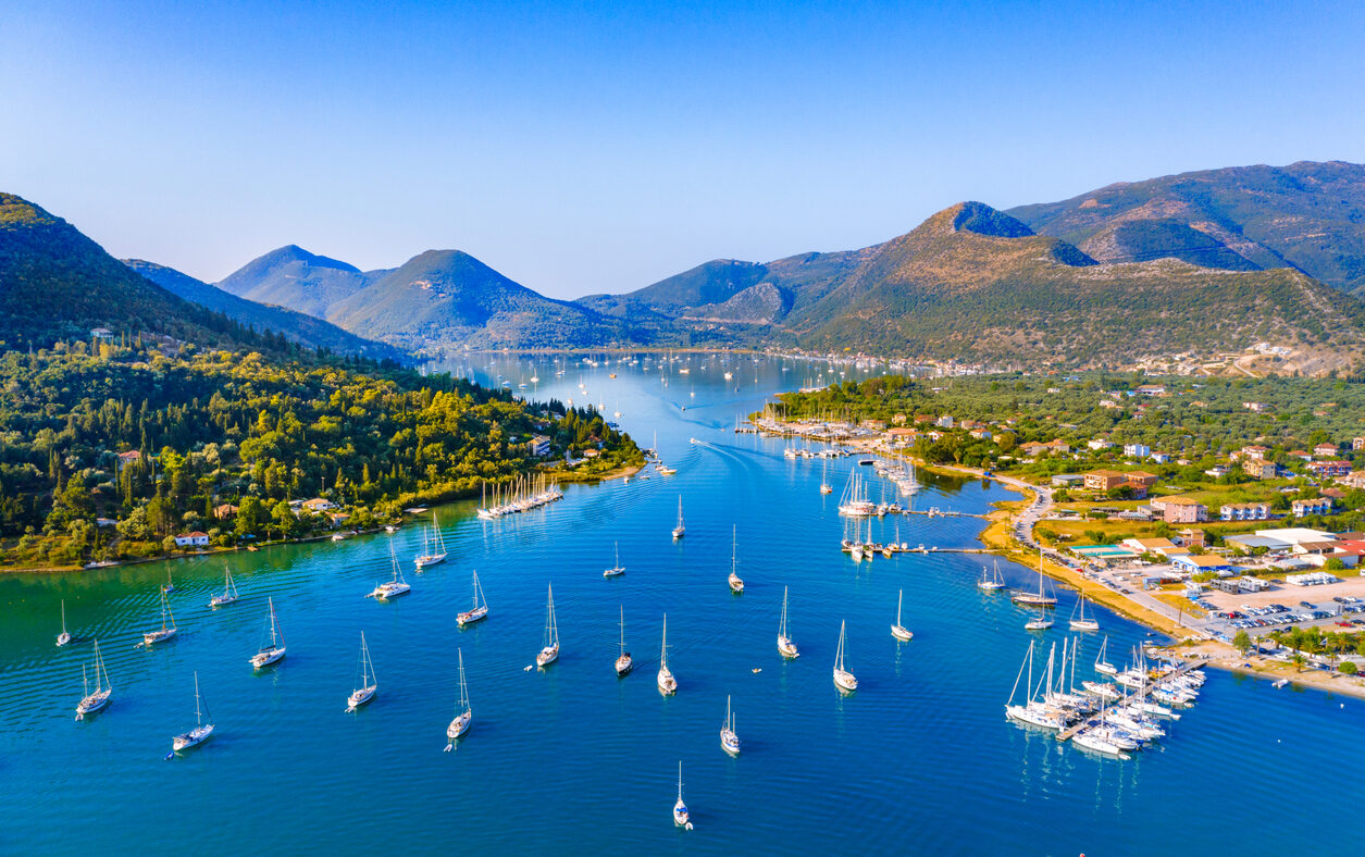 Aerial drone bird's eye view photo of iconic port of Nidri or Nydri, Leflkada island, Ionian, Greece