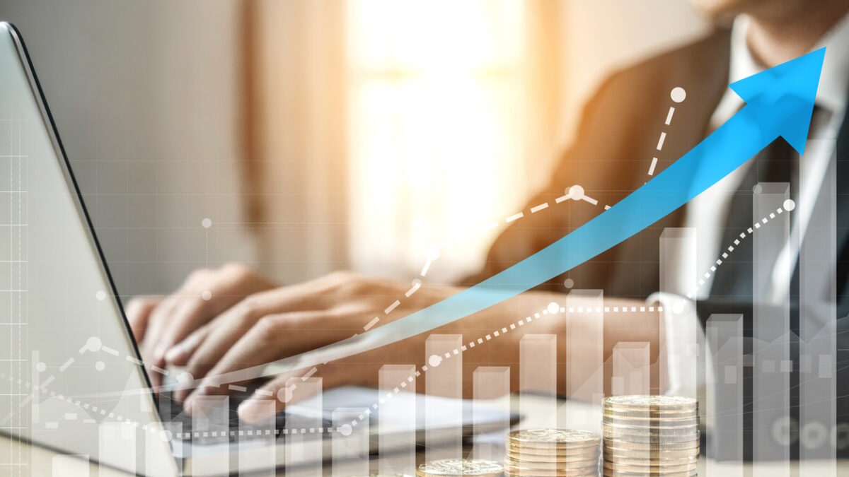 Double Exposure Image of Business and Finance - Businessman with report chart up forward to financial profit growth of stock market investment.