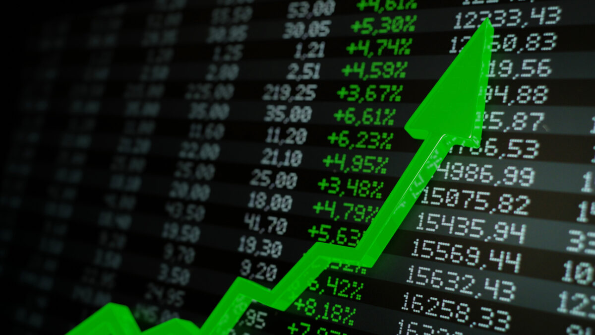 Stock market boom, financial gains, safe investment concept. Green arrow soaring over financial figures.