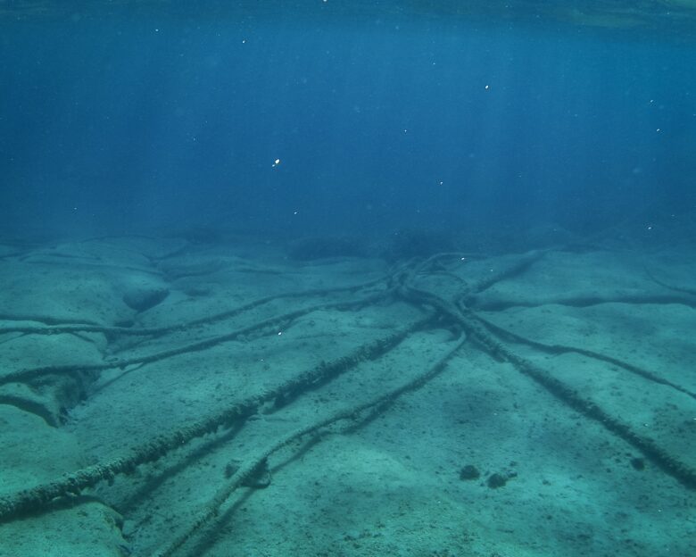 Underwater cables on the ocean floor in the Mediterranean Sea.