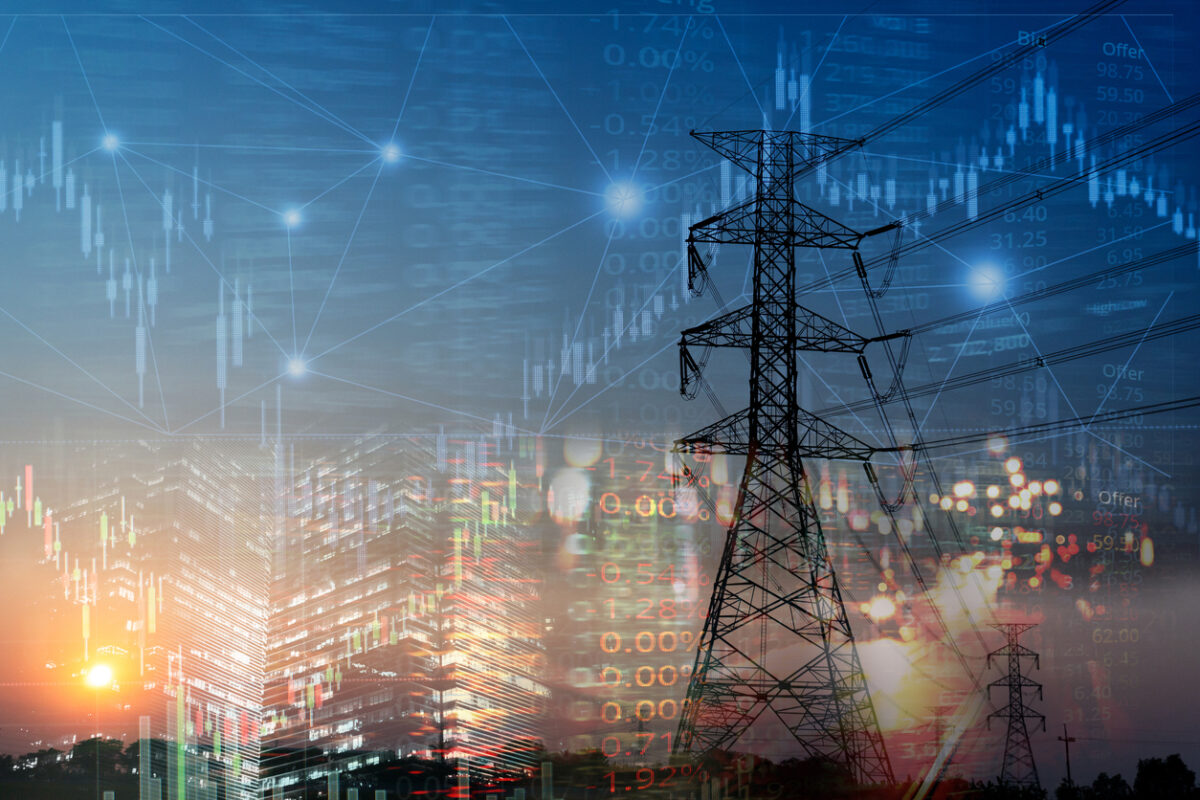 market stock graph and index information with city light and electricity and energy facility industry and business background