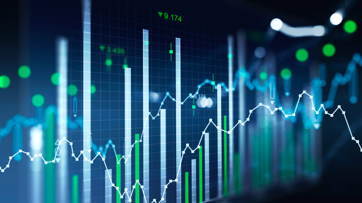 Financial chart and rising graph with lines and numbers and bar diagrams that illustrate stock market behavior. Concept of successful trading. Dark blue background. 3d rendering