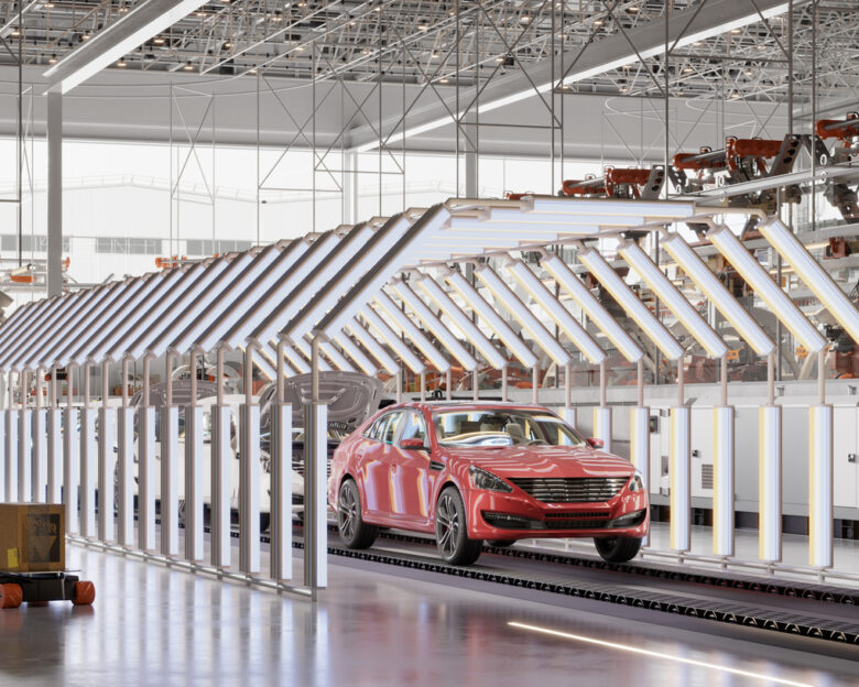 3d rendering of paint tunnel inspection in car manufacturing plant. Computer generated image of cars passing through a light tunnel for paint inspections in a smart factory.