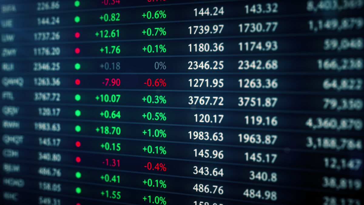 Financial stock market data tableau. Company and cryptocurrency tickers in bullish market 3D render. Economic growth and rising prices. Investor greed and appreciating shares. 4k background