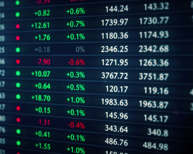 Financial stock market data tableau. Company and cryptocurrency tickers in bullish market 3D render. Economic growth and rising prices. Investor greed and appreciating shares. 4k background