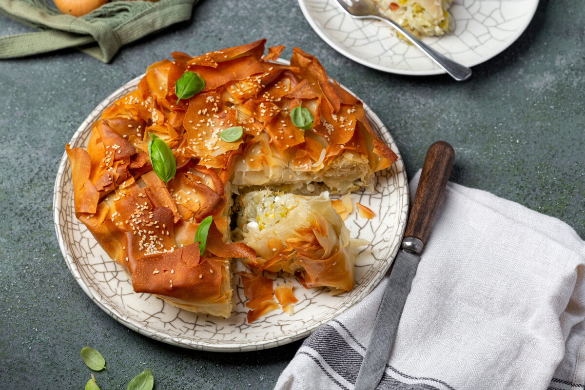 traditional Greek pie with leeks, onions and feta cheese
