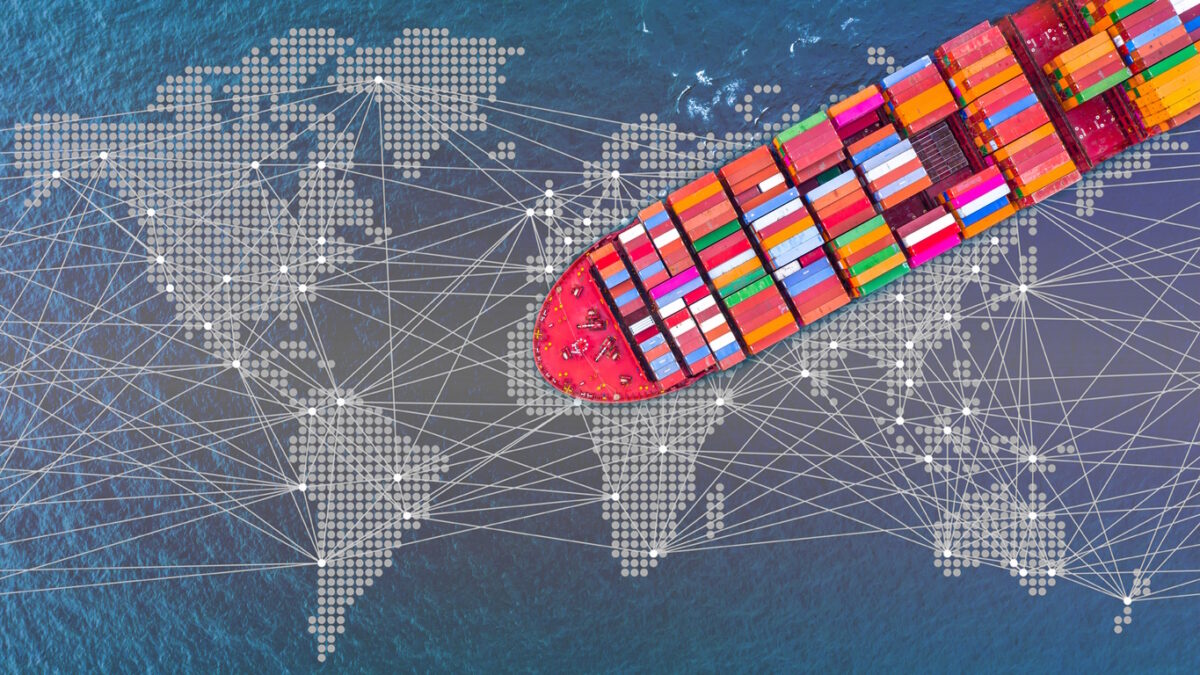 Container ship carrying container for business freight shipping import and export, Aerial view container ship arriving in commercial port.