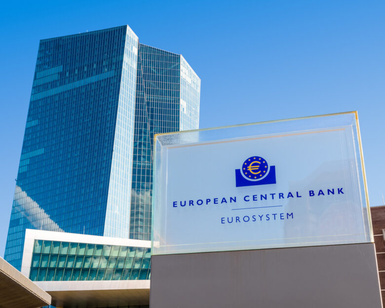 Low angle view of the sign and logo of the European Central Bank at the northern entrance of the Skytower building, headquarters of the ECB since 2015.