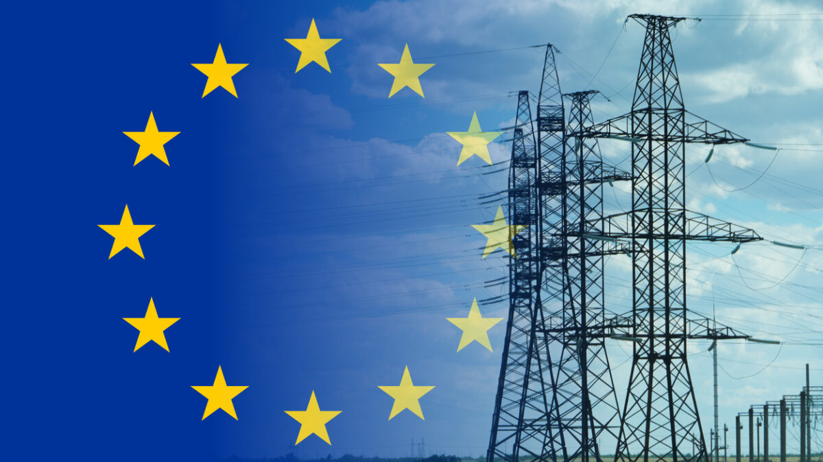 European union flag and electricity pylon mixed image. Expensive electricity concept. High costs for energy.