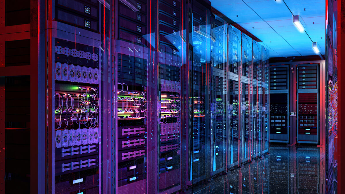 Data center server racks. IT modern hardware server room, data storage center, database information system. Hosting, it data backup, computing technology service, network security, artificial intelligence supercomputers, 3D mixed-media illustration