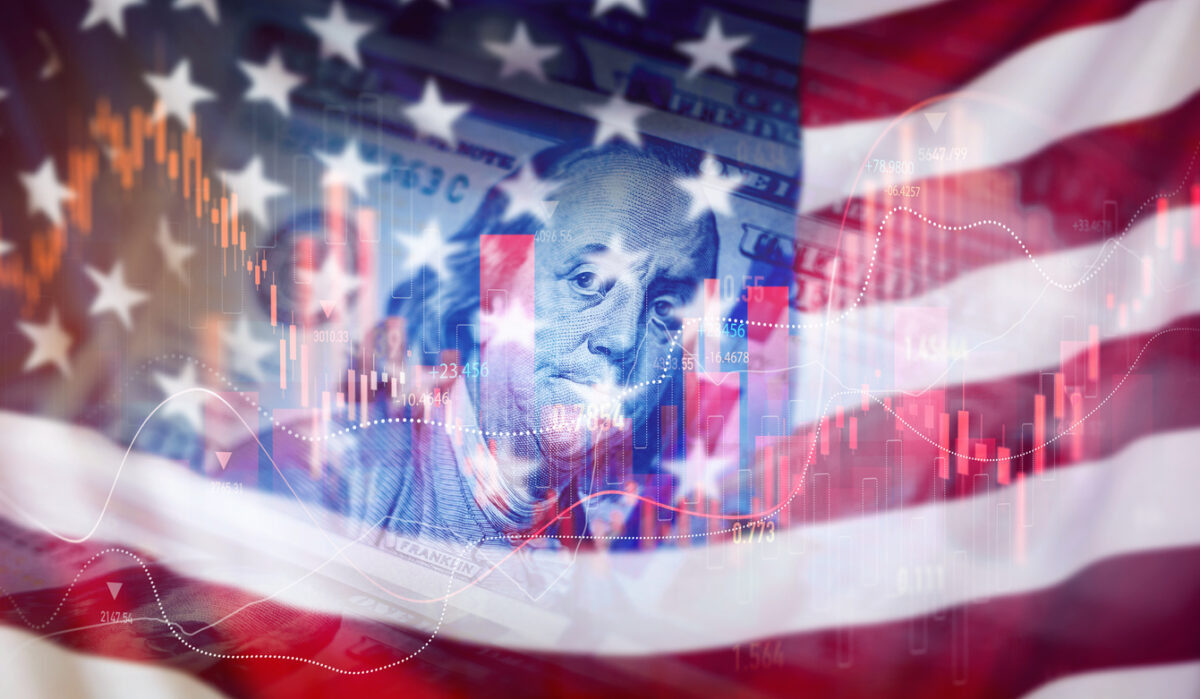 Trading graph with american flag is damage.Effect of recession US economy. Crisis in USA, rising inflation, devaluation of dollars and the economy
