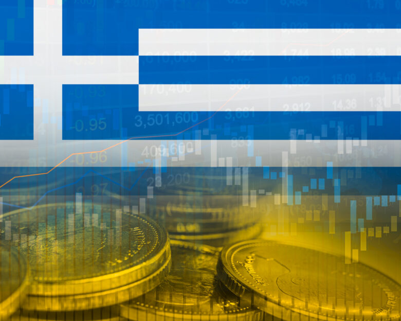 Stock market investment trading financial, coin and Greece flag or Forex for analyze profit finance business trend data background.
