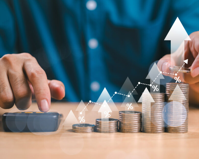 Money interest rate increase concept, percentage commission credit. Grow up stock risk management. Bank policy price raise. Businessman with coin, calculate high percentage of company profit dividend