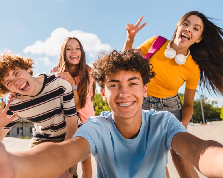 Selfie shot of crazy young people friends college students school pupils classmates teenagers