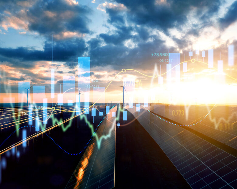 Increase or rising in electricity prices on the world market. Photovoltaic power station with double exposure of digital financial chart graphs and stock market.Green energy in full development.