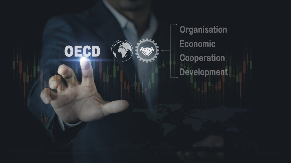 OECD - organization economic cooperation development symbol. global policy forum that promotes policies to improve the economic and social well-being of people