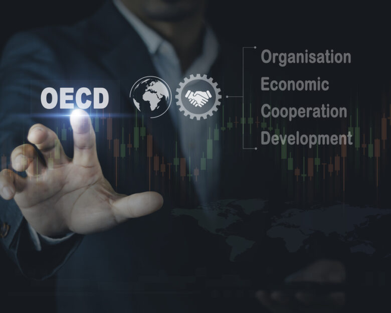 OECD - organization economic cooperation development symbol. global policy forum that promotes policies to improve the economic and social well-being of people