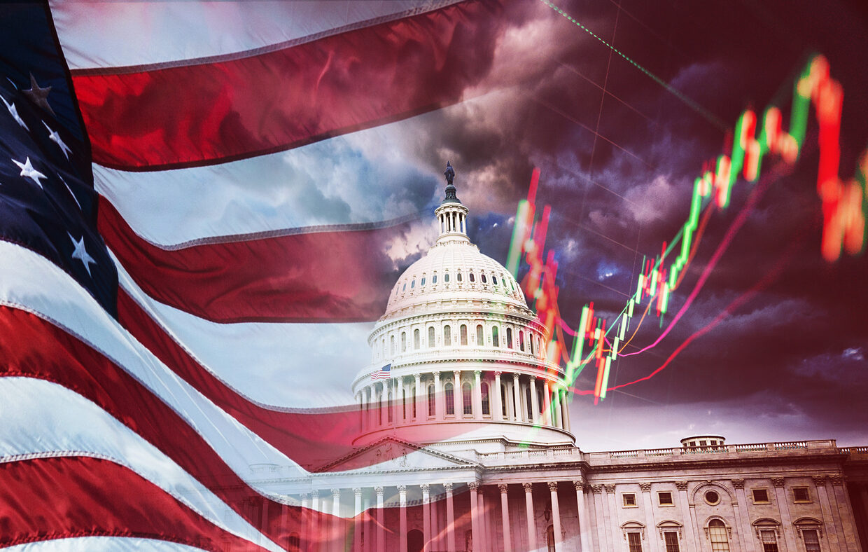 tariffs concept image with us flags