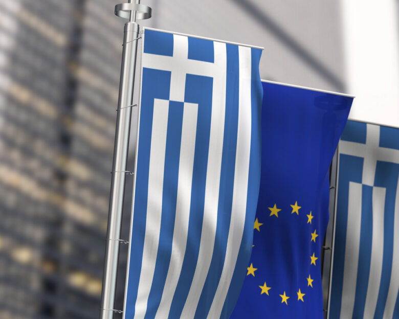 Vertical flags of Greece and the European Union waving in the wind, symbol of unity, identity, and European integration. 3d illustration render. Rippled fabric