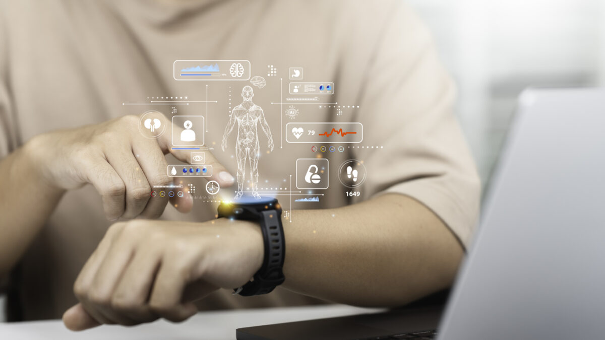Man use smart watch for health care technology monitoring, ai analysis body to report and check health. Application track health Concept