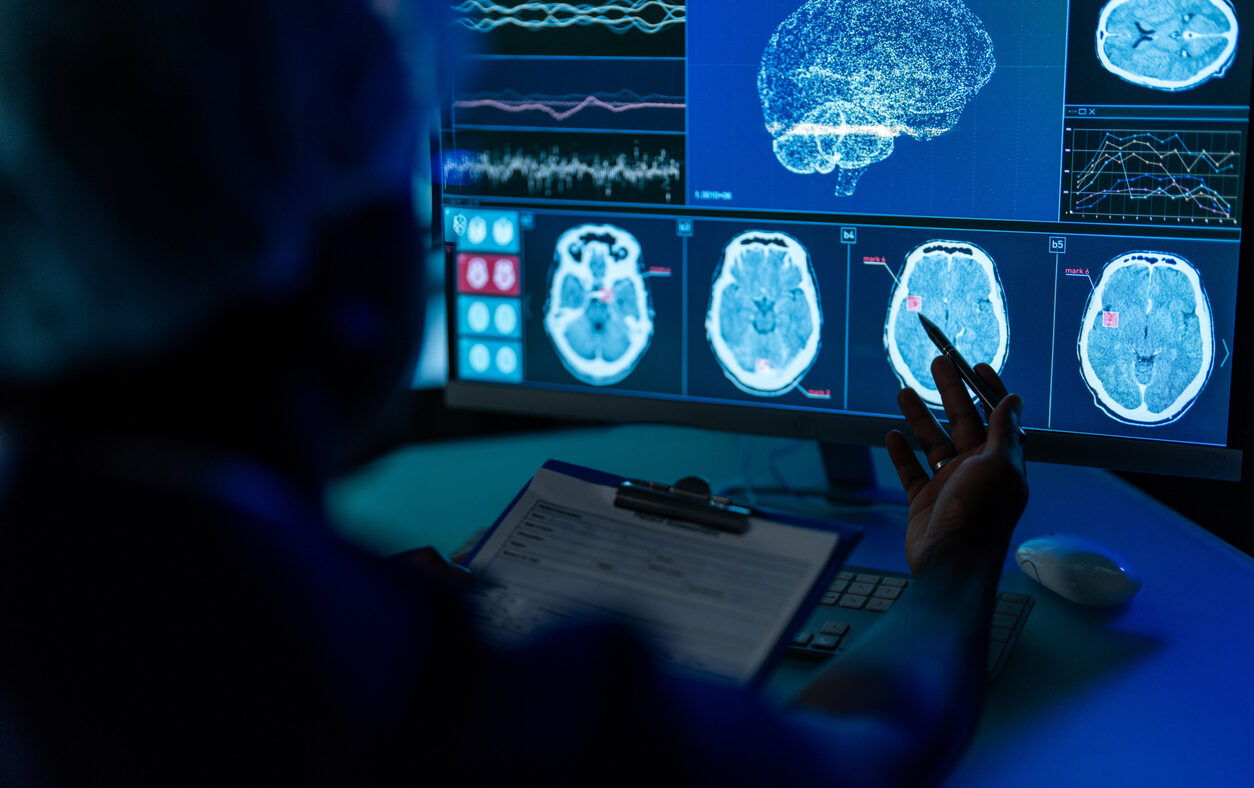 Healthcare and medicine research laboratory. Working and studying the new virus and bacteria cure and vaccines surrounded by futuristic technology