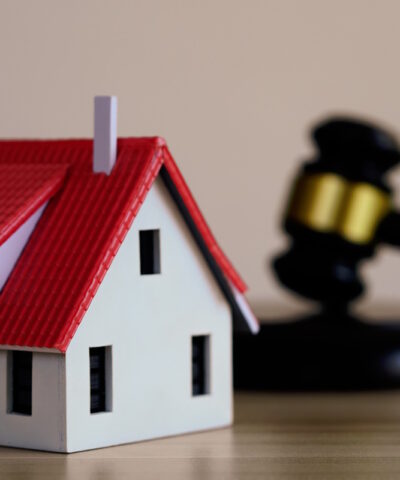 Mini house on judge’s gavel, legal book beside it “Real-estate law and property auction concept – miniature house on judge’s gavel symbolizing home ownership and legal judgement.”