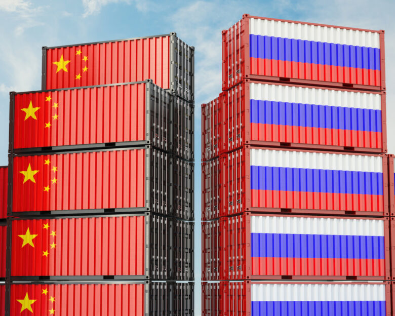 Chinese Shipping Containers and Russian Shipping Containers. 3D Render