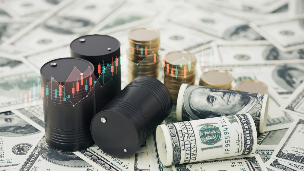 Black Oil Barrels and Stack Coin over Financial Charts on 100 American Dollar Bills
