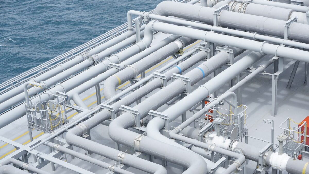 Natural Gas Pipeline in Floating Storage and Regasification Unit. Contains of LNG (Liquifed Natural Gas) and to be converted into natural gas or methane.