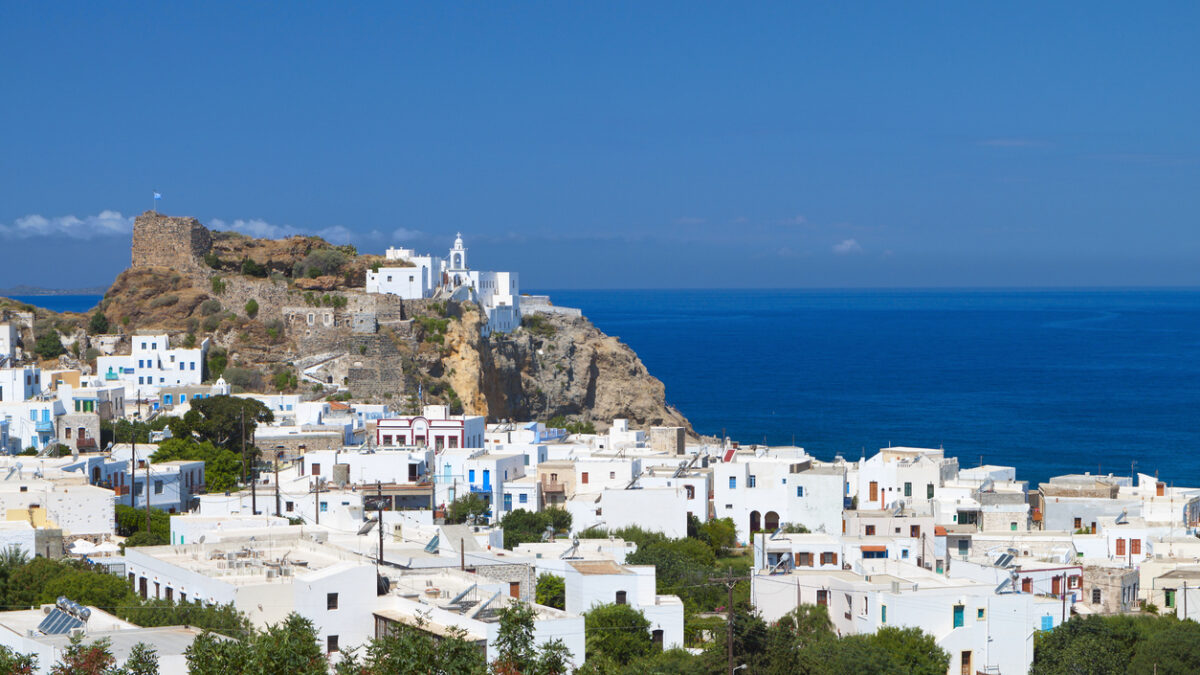 Mandraki village at Nysiros island in Greece. Panagia Spyliani monastery at the background