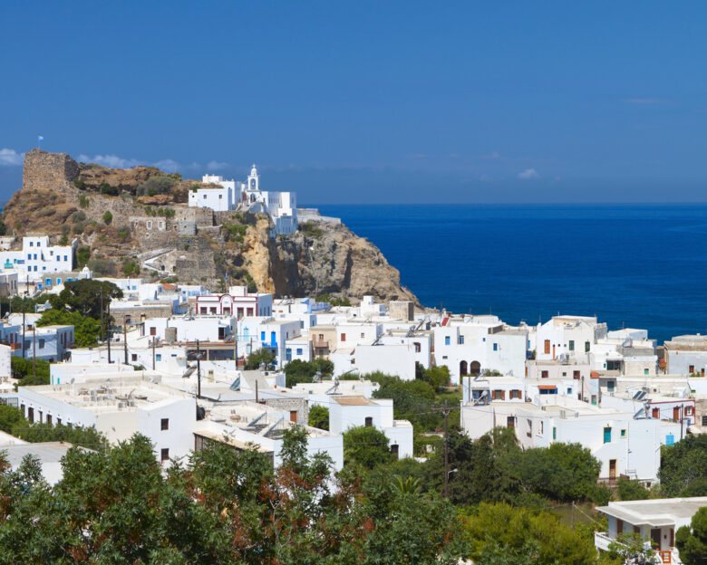 Mandraki village at Nysiros island in Greece. Panagia Spyliani monastery at the background