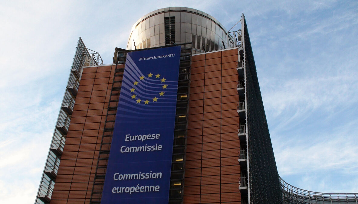Close Up View Of Blue Sky And European Union Commision Building Situated At Brussels Belgium Europe.