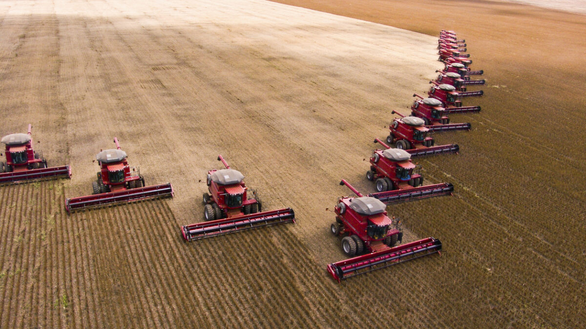 Mass soybean harvesting at a farm in Campo Verde, Mato Grosso