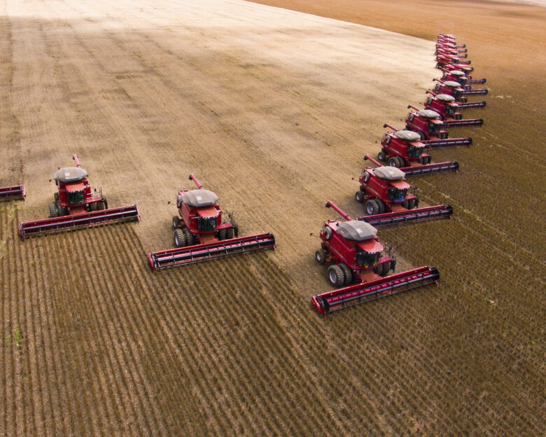 Mass soybean harvesting at a farm in Campo Verde, Mato Grosso