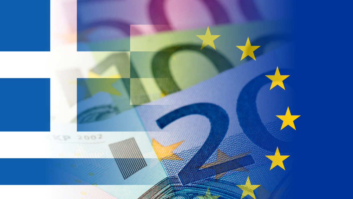 greece and eu flags with euro banknotes mixed image
