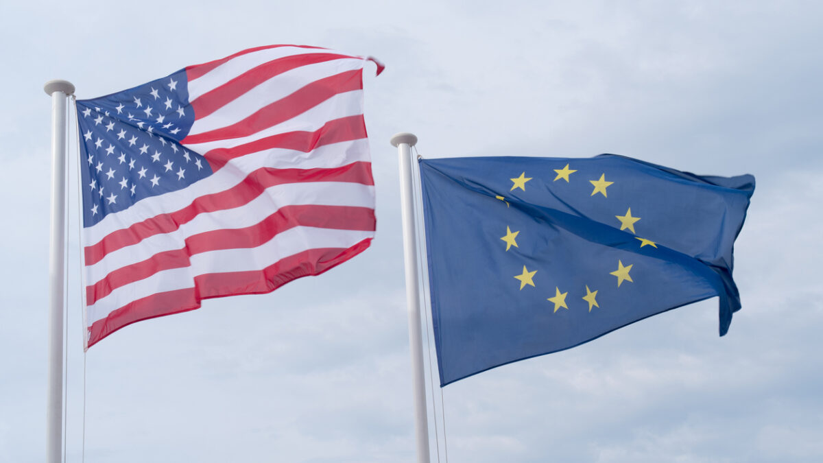 Flag of United States and European Union in the sky