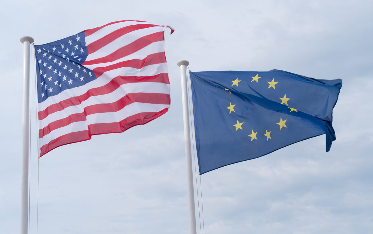Flag of United States and European Union in the sky