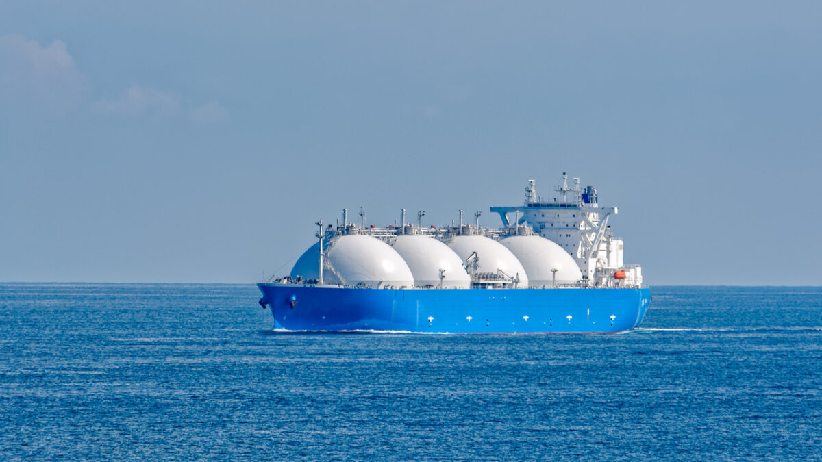 Liquefied natural gas (LNG) tanker is passing by Strait of Singapore