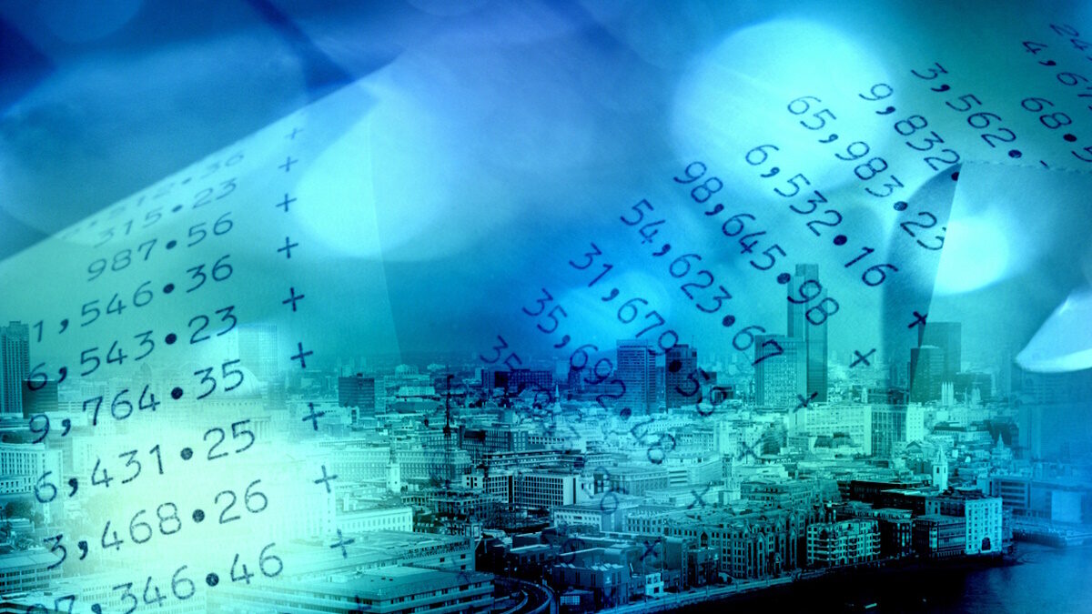 England, London, Add-lister receipts over cityscape.