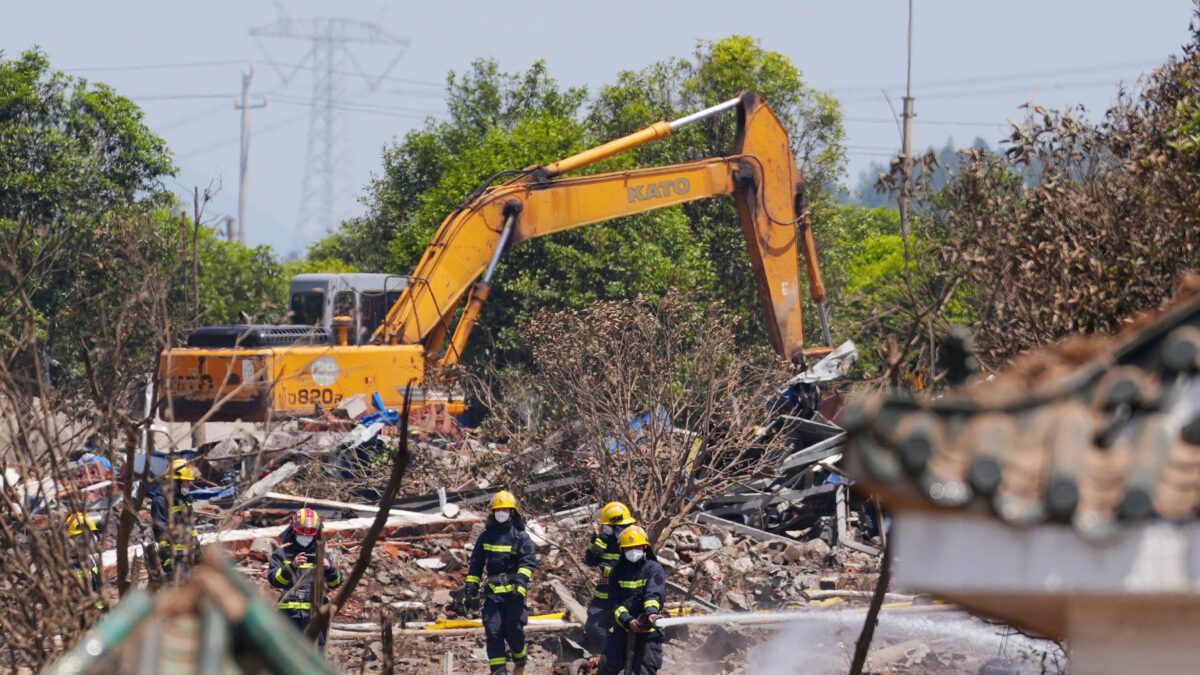 Firefighters work at a site following a blast at a fireworks manufacturing factory in Liuyang, Hunan province, China, May 5, 2026. cnsphoto via REUTERS ATTENTION EDITORS - THIS IMAGE WAS PROVIDED BY A THIRD PARTY. CHINA OUT.