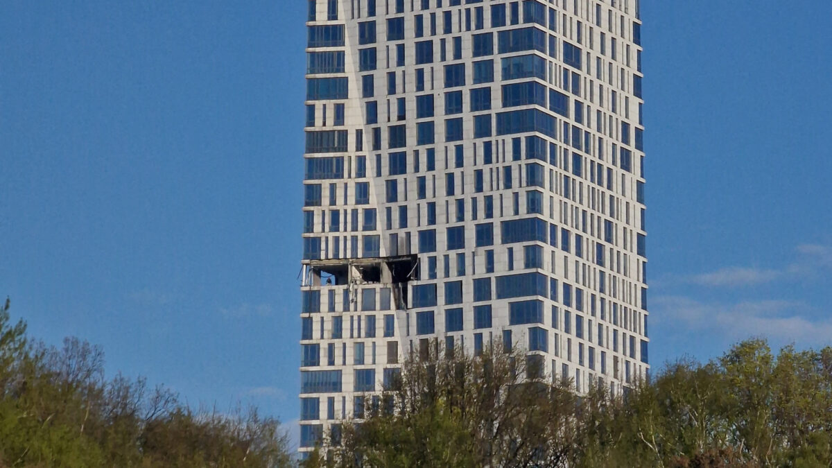 The damaged facade of a high-rise building following a drone attack, amid the Russia-Ukraine conflict, in Moscow, Russia May 4, 2026. REUTERS/Stringer TPX IMAGES OF THE DAY