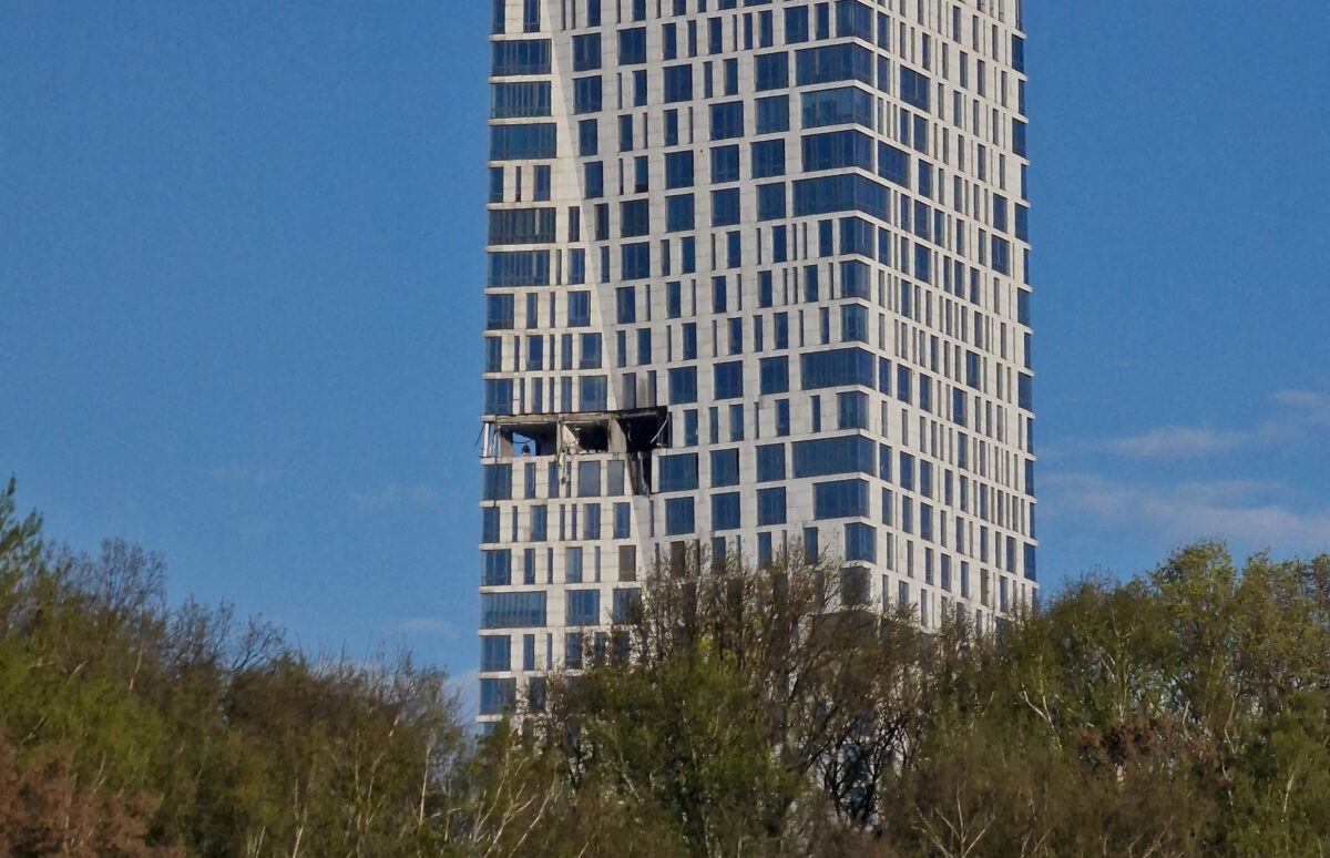 The damaged facade of a high-rise building following a drone attack, amid the Russia-Ukraine conflict, in Moscow, Russia May 4, 2026. REUTERS/Stringer TPX IMAGES OF THE DAY