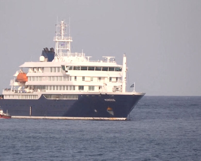 A boat beside cruise ship MV Hondius, hit by Hantavirus, anchored off Cape Verde port, on the day sick passengers were evacuated by boat from the cruise ship, in Praia Port, Cape Verde, in this screengrab obtained from a video, May 5, 2026. REUTERS TV via REUTERS . REFILE – ADDING 'HANTAVIRUS' KEYWORD TO CAPTION