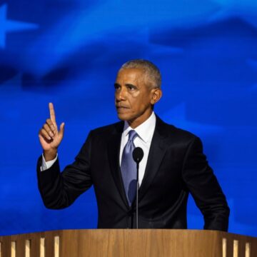 Former President Barack Obama speaks during the second night of the Democratic National Convention at the United Center in Chicago on Aug. 20, 2024.
